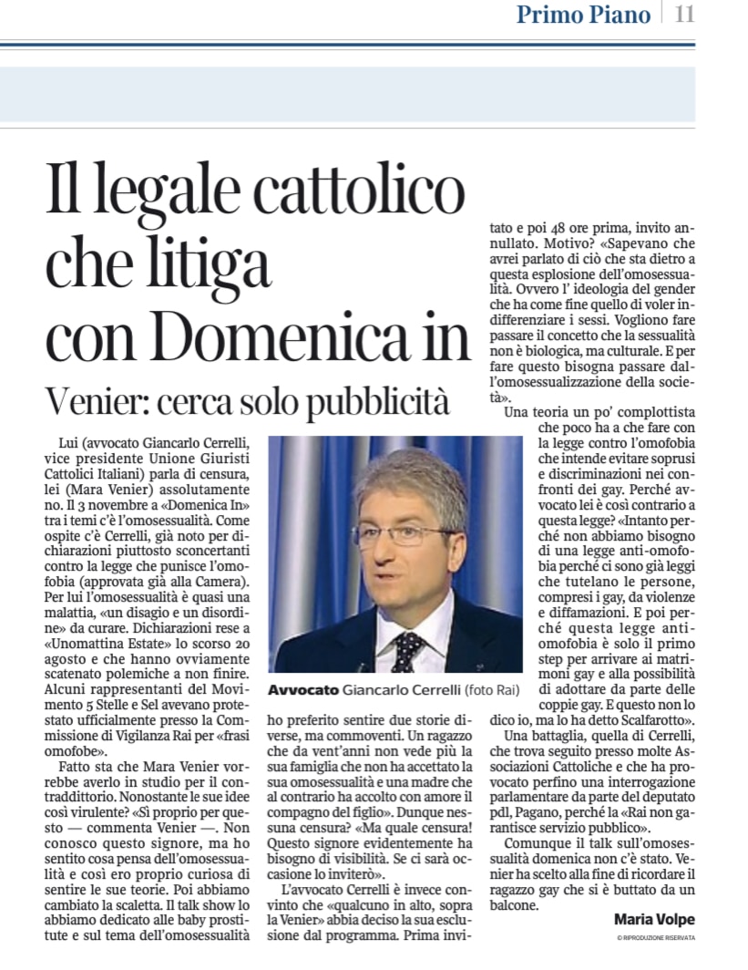 Il Legale Cattolico che litiga con Domenica in. Corriere della sera 6novembre 2013